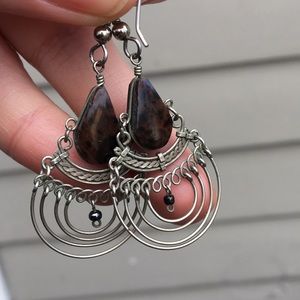 dangly silver & brown gem stone earring